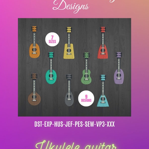 UKULELE guitar music design for embroidery machine / guitare musique motifs pour broderie machine / INSTANT DOWNLOAD