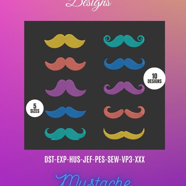 Ensemble de motifs de broderie machine MOUSTACHE / motifs moustache pour broderie machine / INSTANT DOWNLOAD