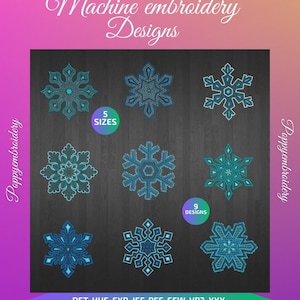 May include: Nine blue snowflake embroidery designs in five sizes. The designs are on a dark wood background. The text "Poppyembroidery" is on the left and right sides of the image. The text "Machine embroidery Designs" is at the top of the image. The text "5 SIZES" is in a circle in the middle of the image. The text "9 DESIGNS" is in a circle in the middle of the image. The text "DST-HUS-EXP-JEF-PES-SEW-VP3-XXX" is at the bottom of the image.