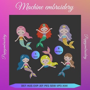 Puede incluir: Seis diseños de bordado de sirenas en varios colores, incluyendo rosa, azul, morado, rojo, amarillo y marrón. Los diseños están disponibles en cuatro tamaños. El texto "Poppyembroidery" y "Machine embroidery" están en la parte izquierda y superior de la imagen, respectivamente. El texto "6 designs" y "4 sizes" están en círculos en la imagen. El texto "DST-HUS-EXP-JEF-PES-SEW-VP3-XXX" está en la parte inferior de la imagen.