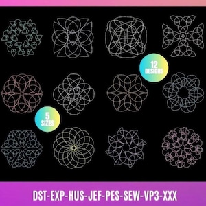 Peut inclure: Douze motifs géométriques en cinq tailles, chacun avec un motif différent de cercles qui se chevauchent. Les motifs sont dans des tons de bleu, vert et rose sur un fond noir. Le texte "5 SIZES" et "12 DESIGNS" sont dans des cercles blancs sur l'image. Le texte "DST-EXP-HUS-JEF-PES-SEW-VP3-XXX" est en bas de l'image.