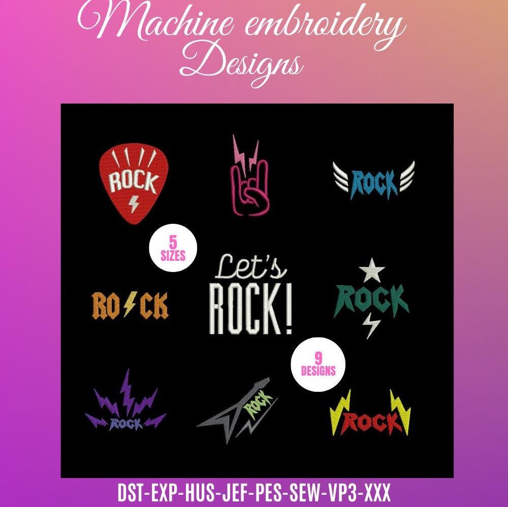 411 Designs De Broderie Machine Rock N Roll - Logos Music, Formats PES 4x4 5x7, Pour USB