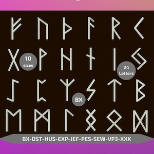 May include: A black background with 24 white Viking rune symbols in 10 sizes. The runes are arranged in four rows of six symbols each. The text "10 sizes" and "24 Letters" are also included in the image. The text "BX-DST-HUS-EXP-JEF-PES-SEW-VP3-XXX" is at the bottom of the image.