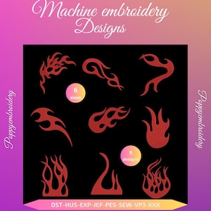 May include: Nine red flame embroidery designs in six sizes. The designs are on a black background. The text "Poppyembroidery" appears on the left and right sides of the image. The text "Machine embroidery Designs" appears at the top of the image. The text "6 sizes" appears in a circle in the middle of the image. The text "9 designs" appears in a circle in the bottom right corner of the image. The text "DST-HUS-EXP-JEF-PES-SEW-VP3-XXX" appears at the bottom of the image.