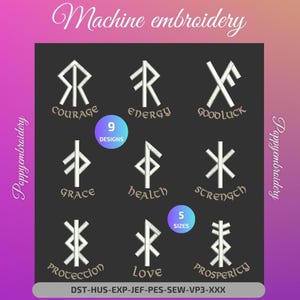 Può includere: Un design digitale con nove simboli runici ricamati con parole come "Coraggio", "Energia" e "Buona fortuna". Il design include il testo "Ricamo a macchina", "9 design" e "5 taglie" su uno sfondo scuro con un bordo sfumato viola e rosa.