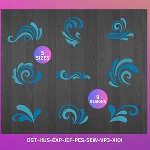 May include: Nine embroidery designs of blue stylized swirls and waves on a dark wood background. The text "5 SIZES" and "9 DESIGNS" are also included. The file formats are listed as "DST-HUS-EXP-JEF-PES-SEW-VP3-XXX".
