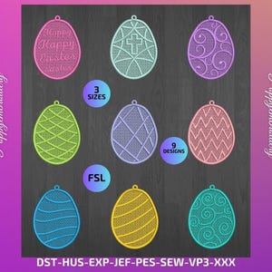 Könnte beinhalten: Neun Stickmuster von Ostereiern in verschiedenen Farben und Mustern, darunter ein Kreuz, Spiralen und geometrische Formen. Die Designs sind in drei Größen und in folgenden Formaten erhältlich: DST, HUS, EXP, JEF, PES, SEW, VP3 und XXX.