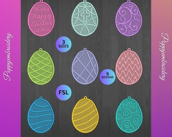 May include: Nine embroidery designs of Easter eggs in various colors and patterns, including a cross, swirls, and geometric shapes. The designs are available in three sizes and in the following formats: DST, HUS, EXP, JEF, PES, SEW, VP3, and XXX.