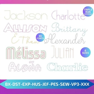 May include: A set of 10 embroidery fonts in various styles, including script, block, and retro. The fonts are available in 6 sizes and are compatible with embroidery machines using the following file formats: BX, DST, EXP, HUS, JEF, PES, SEW, VP3, and XXX.