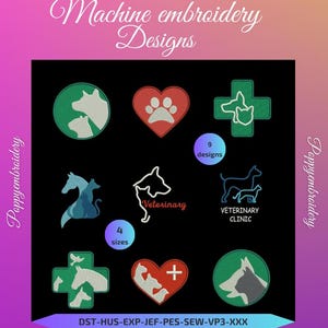 Könnte beinhalten: Neun Stickmuster mit Veterinär-Motiv. Die Designs beinhalten ein Herz mit Pfotenabdruck, ein Kreuz mit Hund und Katze, Hund und Katze in einem Kreis, Hund und Katze in einem Herz, Hund und Katze in einem Kreuz, Hund und Katze in einem Kreis, Hund und Katze in einem Herz, Hund und Katze in einem Kreuz und Hund und Katze in einem Kreis. Die Designs sind in vier Größen erhältlich. DST-HUS-EXP-JEF-PES-SEW-VP3-XXX