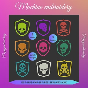 May include: Nine colorful shield-shaped embroidery designs featuring skull and crossbones, skull with horns, and skull with a single eye. The text "Poppyembroidery" appears on the left and right sides of the image. The text "Machine embroidery" appears at the top of the image. The text "5 sizes" appears in the center of the image. The text "9 designs" appears in the center of the image. The text "patch designs" appears in the center of the image. The text "DST-HUS-EXP-JEF-PES-SEW-VP3-XXX" appears at the bottom of the image.