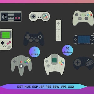Puede incluir: Un conjunto de 10 diseños de bordado que representan diferentes mandos de videojuegos retro, incluyendo un mando de Nintendo Entertainment System, un mando de Super Nintendo Entertainment System, una Game Boy, un mando de Sega Genesis, un mando de PlayStation, un mando de Nintendo 64, un mando de Wii, una Game & Watch, una PSP y un mando de Dreamcast. Los diseños están disponibles en 3 tamaños. DST-HUS-EXP-JEF-PES-SEW-VP3-XXX