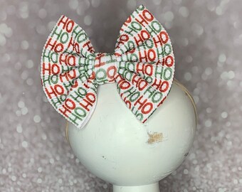 Red & Green Ho Ho Ho Bow on Nylon Headband/Clip, Simply Inspired By Zoe