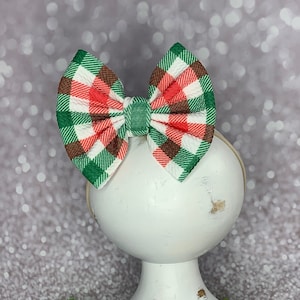Christmas Red & Green Plaid Bow on Nylon Headband/Clip, Simply Inspired By Zoe
