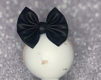 Matte Black Pleather Bow on Nylon Headband/Clip, Simply Inspired By Zoe