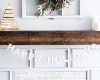 Happy Holidays Banner / Christmas Garland / White Holidays garland / White Christmas Decor / White Mantel Decor