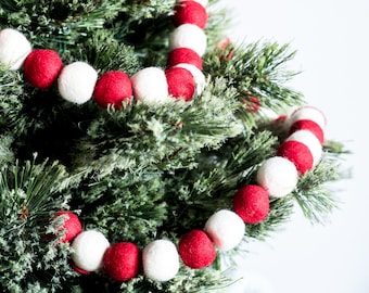 Handmade Wool Felt Ball Garland: Red and White Christmas Decor