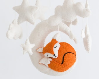 Fox Mobile: Wool Felt Sleeping Fox, Moon & Stars - Woodland Nursery Decor