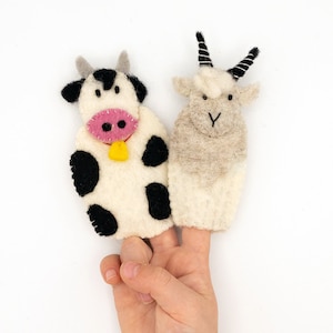 Cow and Goat Felt Finger Puppet Set / Handmade Farm Animal Puppets / Waldorf Toy / Farm Theme Party Favor / Stocking Stuffer / Pretend Play