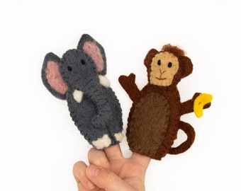 Elephant and Monkey Puppets / Safari Theme Kids Toys / Jungle theme children's stocking stuffer / Montessori toy / Finger puppet set