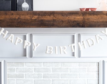 White Happy Birthday Garland: Neutral Party Decor