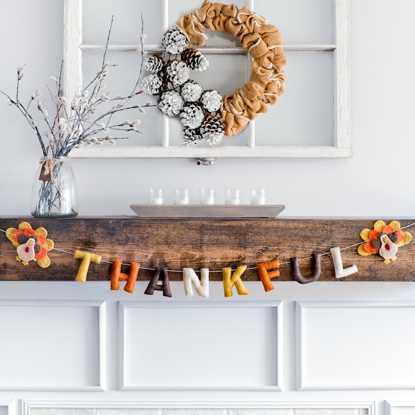 Handmade Wool Felt Thankful Garland: Thanksgiving Mantel Decor, Thankful Decor, Fall Shelf, Mantel, Fireplace, Hosting