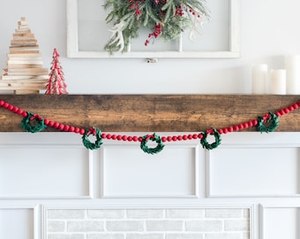 Red Bead Christmas Garland: Holiday Wreath Mantel Decoration (5 feet)