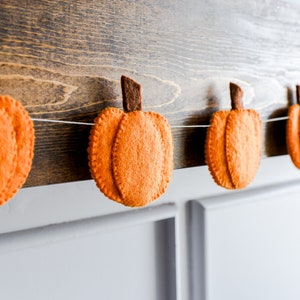 May include: A garland featuring multiple orange felt pumpkins with brown felt stems, each pumpkin is constructed with visible stitching along the edges and strung together on a thin white cord, creating a repeating seasonal decorative banner.