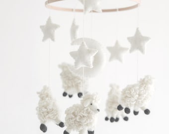 Sheep Baby Mobile For Nursery,  Wool Felt Counting Sheep, Baby Shower Gift, Nursery Gift, Gender Neutral Mobile