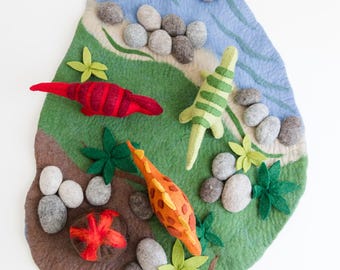 Pretend Play, Felt Animals, Felted Toy, Dinosaur Play Mat Set, Prehistoric Playscape