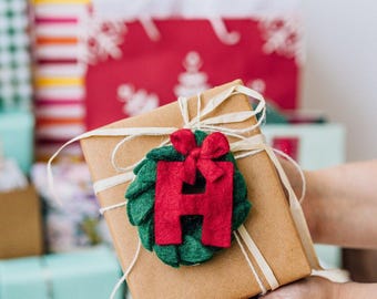 Initial Christmas Ornament, Monogram Gift tag,  Alphabet Ornament, Initial Gift, Wreath Ornament, Party Favor for Adults, Family Ornament