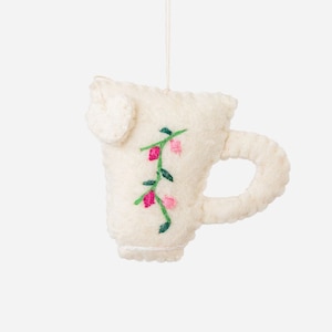 Handmade Wool Felt Tea Cup Ornament: Embroidered Floral Christmas Decor