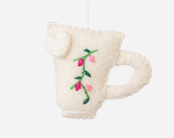 Handmade Wool Felt Tea Cup Ornament: Embroidered Floral Christmas Decor