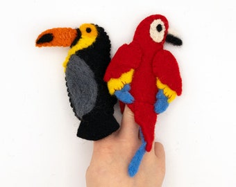 Tropical Birds Finger Puppets / Jungle themed kids / Children's stocking stuffers / Sensory toy /  Montessori toy / Finger puppet set