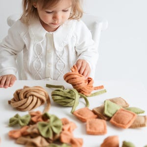 May include: A young child plays with a set of felt food, including pasta shapes, ravioli, and bread. The food is in shades of brown, green, and orange.