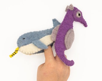 Wool Felt Narwhal & Seahorse Finger Puppets, Montessori Toy Set