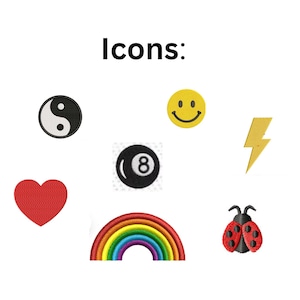 Puede incluir: Una colecci&oacute;n de parches bordados con el texto Icons: en la parte superior. Los dise&ntilde;os incluyen un s&iacute;mbolo yin-yang en blanco y negro, una cara sonriente amarilla, un rayo amarillo, un coraz&oacute;n rojo, una bola ocho negra, un arco&iacute;ris y una mariquita.