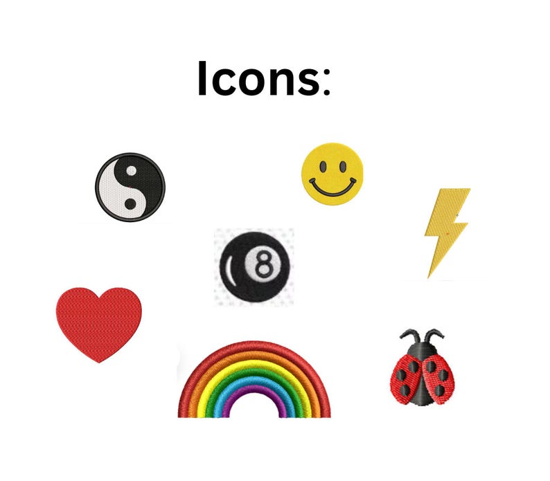 Puede incluir: Una colecci&oacute;n de parches bordados con el texto Icons: en la parte superior. Los dise&ntilde;os incluyen un s&iacute;mbolo yin-yang en blanco y negro, una cara sonriente amarilla, un rayo amarillo, un coraz&oacute;n rojo, una bola ocho negra, un arco&iacute;ris y una mariquita.