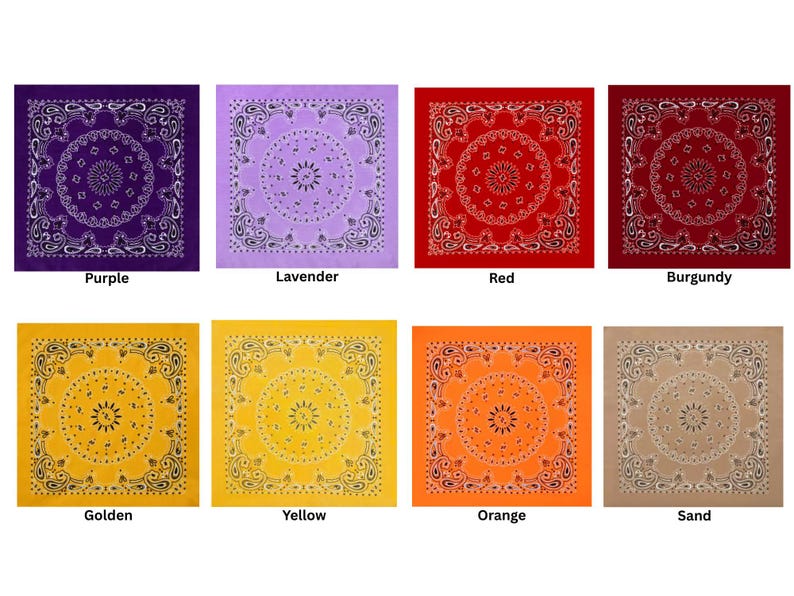 Puede incluir: Una colecci&oacute;n de ocho pa&ntilde;uelos cuadrados con un patr&oacute;n de cachemira tradicional en colores morado, lavanda, rojo, burdeos, dorado, amarillo, naranja y arena. Cada pa&ntilde;uelo muestra un motivo circular central rodeado de intrincados dise&ntilde;os de borde.