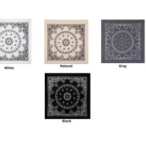 Puede incluir: Cuatro pa&ntilde;uelos cuadrados con un patr&oacute;n de mandala circular central rodeado de intrincados motivos de cachemira. La colecci&oacute;n incluye opciones de tela en blanco, natural, gris y negro, cada una con dise&ntilde;os impresos en contraste.