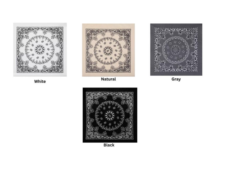 Puede incluir: Cuatro pa&ntilde;uelos cuadrados con un patr&oacute;n de mandala circular central rodeado de intrincados motivos de cachemira. La colecci&oacute;n incluye opciones de tela en blanco, natural, gris y negro, cada una con dise&ntilde;os impresos en contraste.