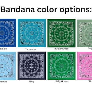 Puede incluir: Una cuadr&iacute;cula de ocho pa&ntilde;uelos cuadrados con patrones de cachemira blancos, etiquetada como Bandana color options. Los colores incluyen azul real, turquesa, verde cazador, salvia, azul claro, marino, verde kelly y rosa, cada uno con un motivo central.