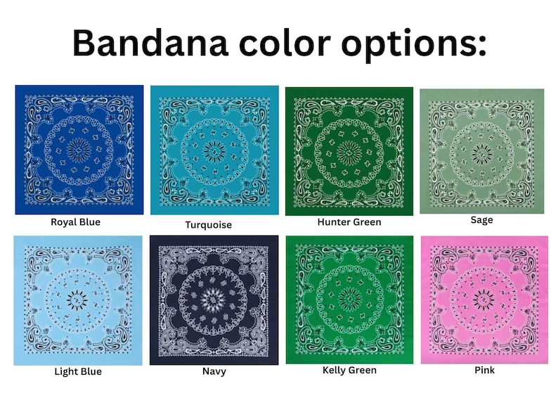 Puede incluir: Una cuadr&iacute;cula de ocho pa&ntilde;uelos cuadrados con patrones de cachemira blancos, etiquetada como Bandana color options. Los colores incluyen azul real, turquesa, verde cazador, salvia, azul claro, marino, verde kelly y rosa, cada uno con un motivo central.
