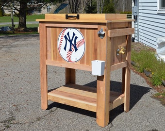 New York Yankees Chest Cooler Stand with Brass Drain, Bottle Opener, and Bottle Cap Catcher, beer cooler, New York Yankees decor, baseball