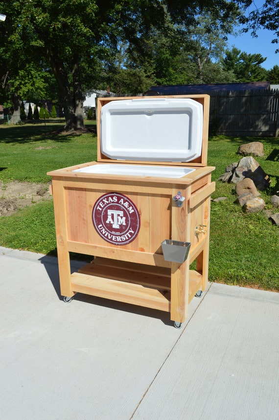 All Weather Texas A&M Rustic Ice Chest Cooler Stand With Brass Drain,  Bottle Opener, and Bottle Cap Catcher, College Football, Christmas 