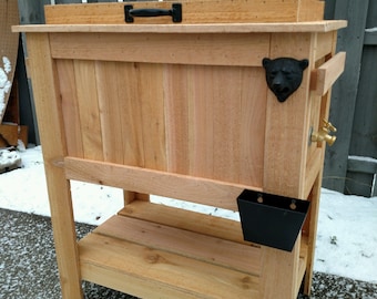 SPECIAL Black Bear EDITION!!! Rustic Cedar Chest Cooler Stand with Black Bear Bottle Opener, beer cooler, deck furniture, outdoor furniture