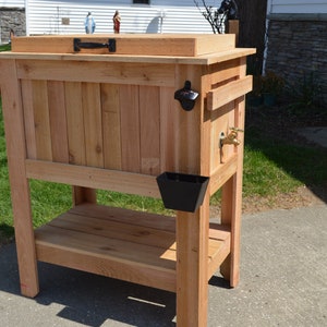 All weather 48-QT Rustic Cedar Chest Cooler Stand with Brass Drain, Bottle Opener, and Bottle Cap Catcher, beer cooler, christmas