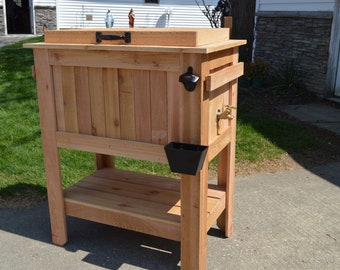 All weather 48-QT Rustic Cedar Chest Cooler Stand with Brass Drain, Bottle Opener, and Bottle Cap Catcher, beer cooler, christmas