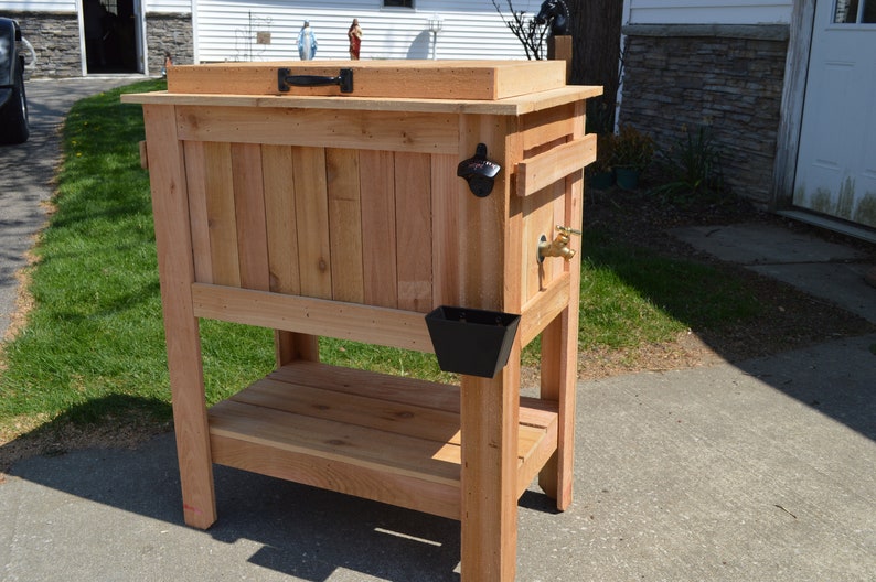 All weather 48-QT Rustic Cedar Chest Cooler Stand with Brass Drain, Bottle Opener, and Bottle Cap Catcher, beer cooler, christmas Cedar