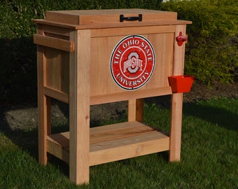 SPECIAL EDITION!!! Ohio State Rustic Ice Chest Cooler Stand with Brass Drain, Bottle Opener, and Bottle Cap Catcher, anniversary gift